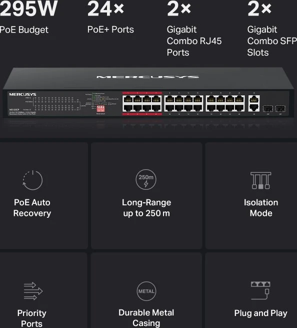 Mercusys Rackmount Switch, 24x RJ-45, 2x RJ-45/SFP, 295W PoE+