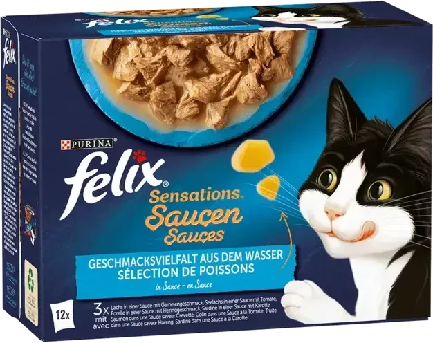 Purina Felix Sensations Saucen, Geschmacksvielfalt aus dem Wasser, 1.02kg (12x 85g)