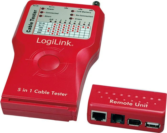 LogiLink Kabeltester für RJ-11/RJ-45/BNC/USB/IEEE1394, mit Remote Einheit