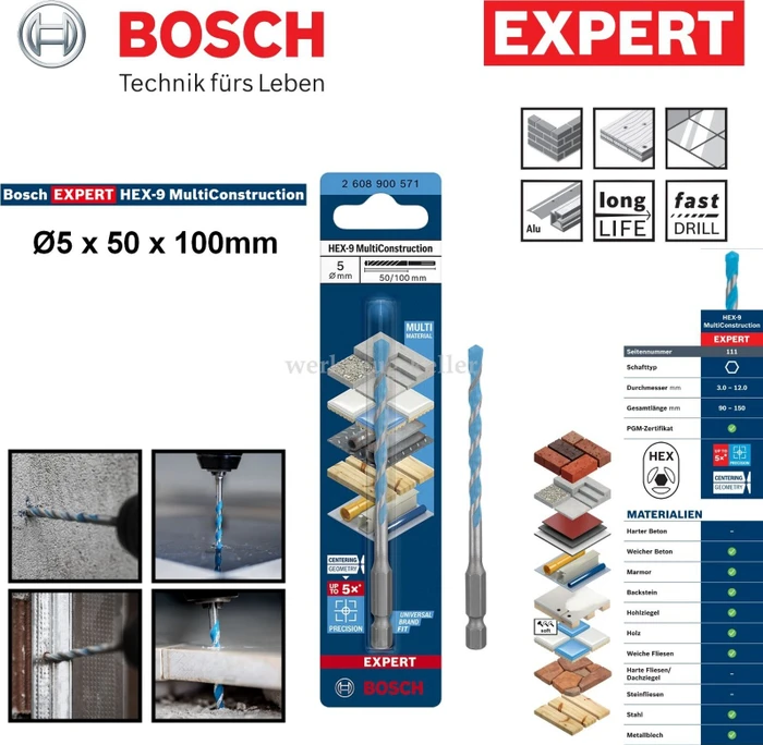 Bosch Professional EXPERT HEX-9 MultiConstruction Mehrzweckbohrer, 5x50x100mm, 1 Stück