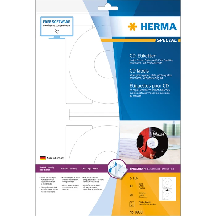 Herma CD-Folienetiketten mit großem Spindelloch, 116mm, transparent, glänzend, 25 Blatt (50 Etiketten)