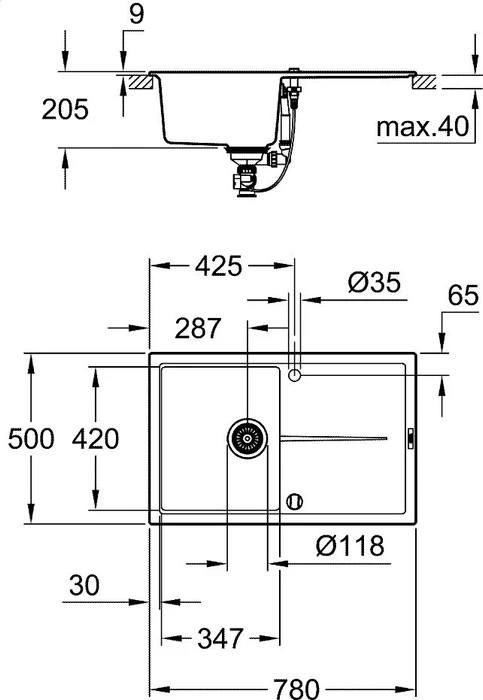 Grohe K400 50-C 78/50 1.0 Kompositspüle Einbau Becken reversibel granit schwarz
