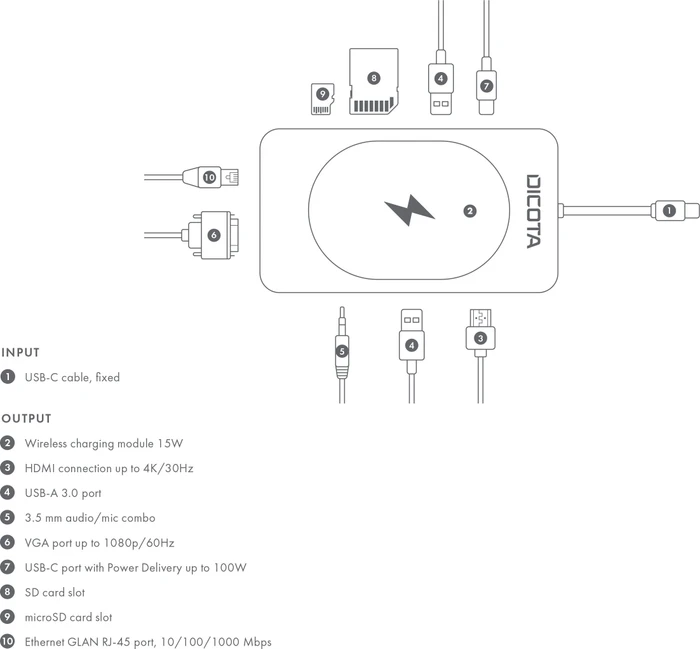 Dicota USB-C 10-in-1 Charging Hub 4K, USB-C 3.0 [Stecker]
