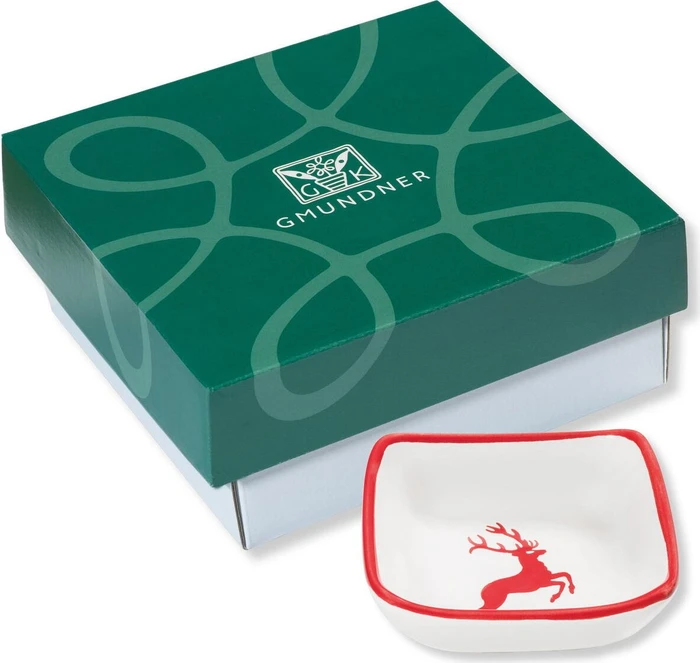 Gmundner Keramik Rubinroter Hirsch Schälchen quadratisch im Geschenkkarton 9x9cm