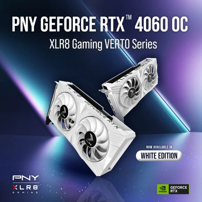 PNY GeForce RTX 4060 XLR8 Gaming Verto Overclocked White Edition, 8GB GDDR6, HDMI, 3x DP