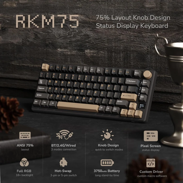RK Royal Kludge M75 Wireless, grau/schwarz, LEDs RGB, hot-swap, RK RED, USB/Bluetooth, US