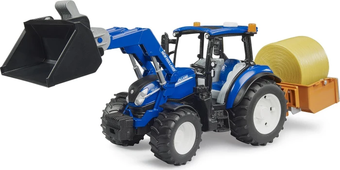 Bruder New Holland T5.120 mit Frontlader, Ladekasten, Gabeln und Rundballen
