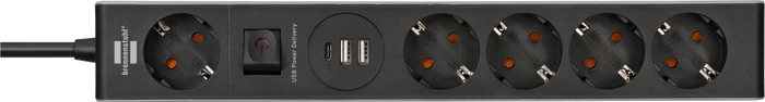 Brennenstuhl Premium-Line Steckdosenleiste mit USB Power Delivery, 1x USB-C/2x USB-A, 5-fach, 1.5m, grau/schwarz