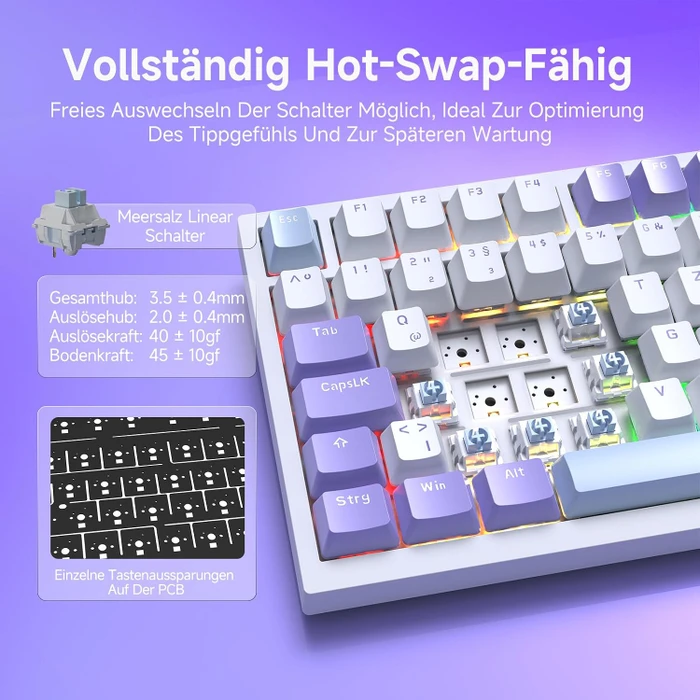 Ajazz AK820, White Purple, LEDs RGB, hot-swap, Ajazz Sea Salt, USB, DE