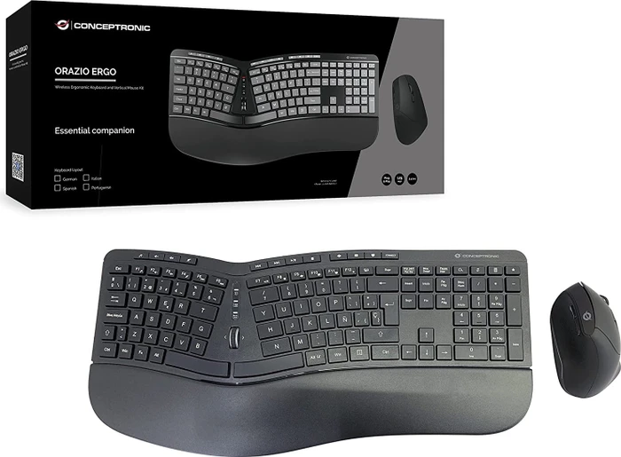 Conceptronic Orazio Ergo Wireless Ergonomic Keyboard and Vertical Mouse Kit schwarz, USB, ES