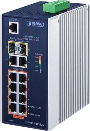 Planet IGS-4215 Industrial Railmount Gigabit Managed Switch, 10x RJ-45, 2x SFP, 240W PoE++