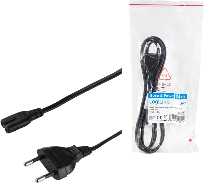 LogiLink Euro-Netzkabel, Eurostecker auf C7 Stecker, schwarz, 1.8m