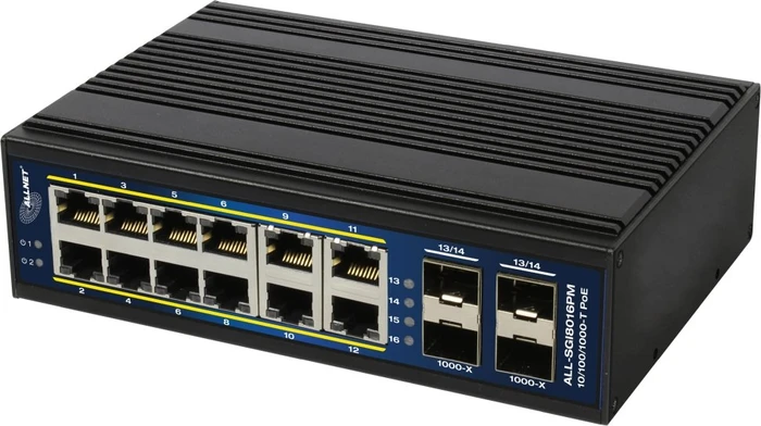 Allnet SGI Industrial Railmount Gigabit Managed Switch, 12x RJ-45, 4x SFP, PoE+