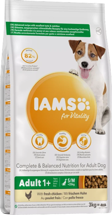 IAMS for Vitality für ausgewachsene Hunde kleiner und mittelgroßer Rasse, mit Huhn, 3kg