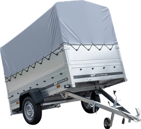 Unitrailer Garden Trailer 230 Kipp mit Stützrad, zusätzlichen Bordwänden, grauer Hochplane und Hochspriegel
