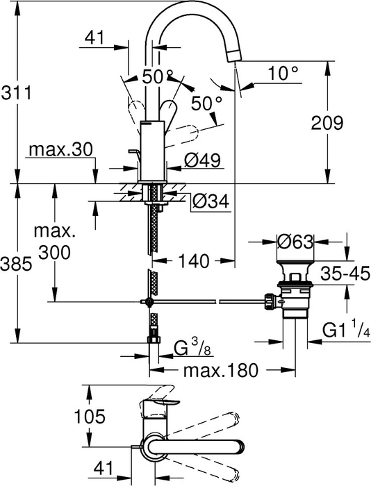 Grohe BauEdge Einhand-Waschbeckenarmatur 1/2" L-Size mit Ablauffernbedienung chrom