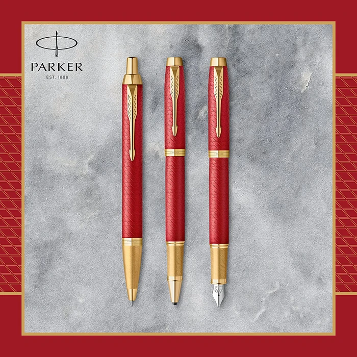 Parker IM Premium red lacquer/gold trim, rechte Hand, fein, Geschenkbox