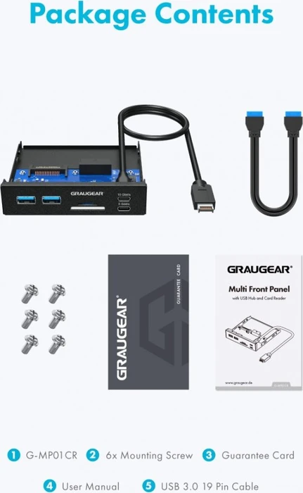 Graugear G-MP01CR, Multi Frontblende mit USB Hub und Kartenleser, USB 3.0 19-Pin Stecksockel, USB 3.1 20-Pin Key-A Stecksockel [Stecker]