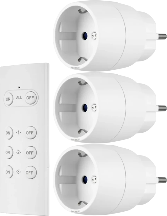 REV Funkschalt-Set 3+1 Mini mit Fernbedienung, 3680W, Typ F, Funksteckdose, 3er-Pack