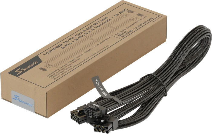 Seasonic 12VHPWR Cable, 600W PCIe 5.0 12VHPWR, 2x 8-Pin PCIe Stecker auf 16-Pin PCIe 5.0 12VHPWR Stecker, Adapterkabel, schwarz, 75cm