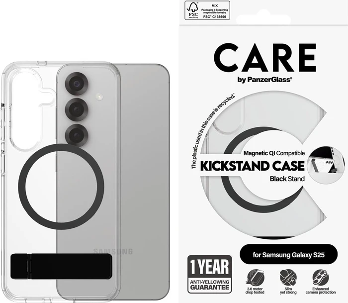 PanzerGlass Care Feature Case Kickstand Magnetic Qi für Samsung Galaxy S25 transparent/schwarz