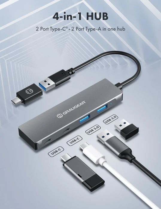 Graugear G-HUB2A2C-AC, USB-Hub, 2x USB-C 3.0, 2x USB-A 3.0, USB-A/USB-C 3.0 [Stecker]
