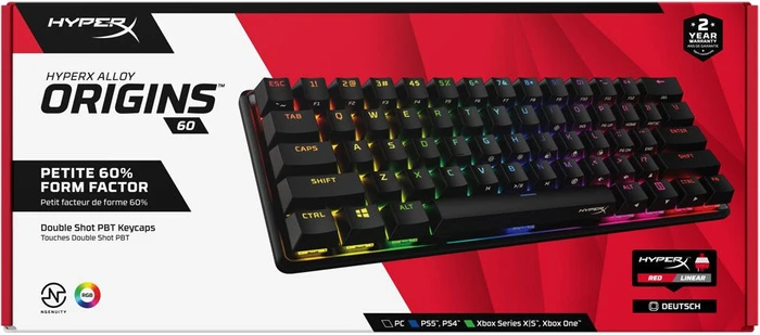 HP HyperX Alloy Origins 60, LEDs RGB, HyperX RED, USB, DE