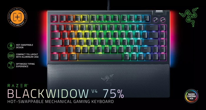 Razer BlackWidow V4 75%, hot-swap, Razer ORANGE Tactile Gen-3, USB, US