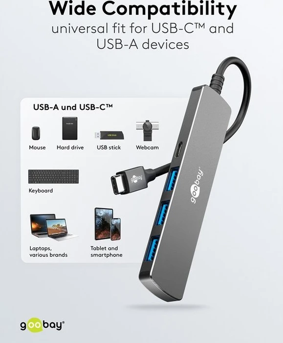 Wentronic goobay Slim 4-Port USB-Hub, 1x USB-C 3.0/3x USB-A 3.0, USB-C 3.0 [Stecker]