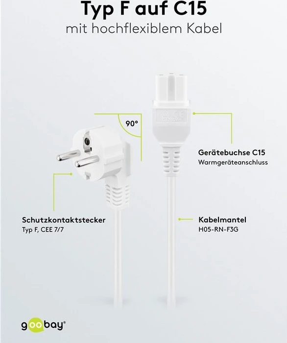 Wentronic Goobay Warmgeräte Netzkabel, Schutzkontakt auf Warmgerätestecker C15, weiß, 2m