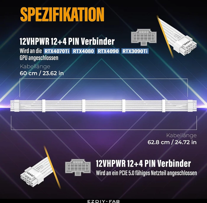 EZDIY-FAB 12VHPWR Kabel, 16-Pin PCIe 5.0 12VHPWR Stecker auf 16-Pin PCIe 5.0 12VHPWR Stecker, 16AWG, weiß, 60cm