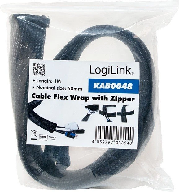 LogiLink Flexibler Kabelschutz Kabelmanagement mit Reißverschluss, 35mm, 1m, schwarz