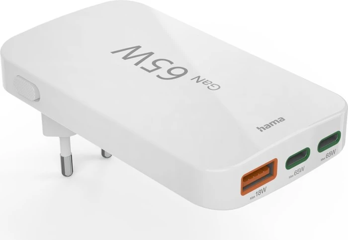 Hama Schnellladegerät 2x USB-C 1x USB-A flaches Mini-Ladegerät PD 65W weiß