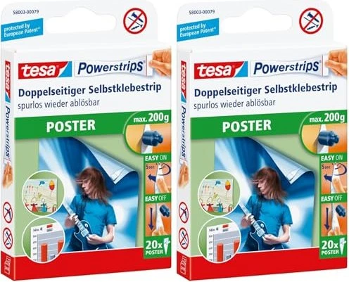 tesa Powerstrips Posterstrips weiß, Klebestreifen, 20 Stück