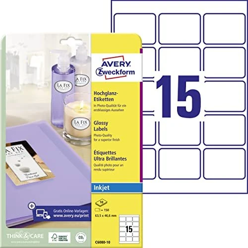 Avery-Zweckform Etiketten mit Spezialbeschichtung, 63.5x46.6mm, weiß, 10 Blatt (150 Etiketten)