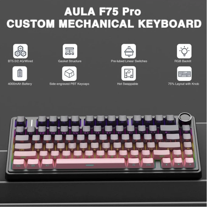 Aula F75 Pro, Gradient Pink Black, LEDs RGB, hot-swap, LEOBOG Reaper, USB/Bluetooth, US