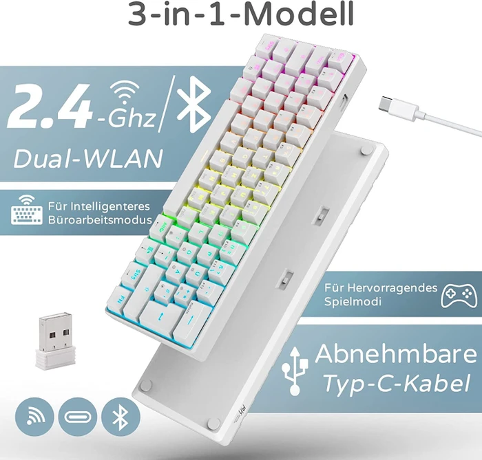 RK Royal Kludge RK61 60% Wireless, weiß, LEDs RGB, hot-swap, RK BROWN, USB/Bluetooth, DE