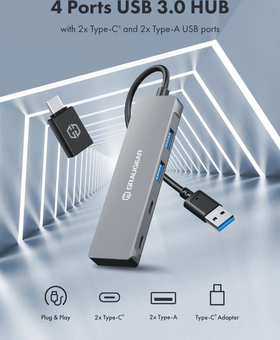 Graugear G-HUB2A2C-AC, USB-Hub, 2x USB-C 3.0, 2x USB-A 3.0, USB-A/USB-C 3.0 [Stecker]