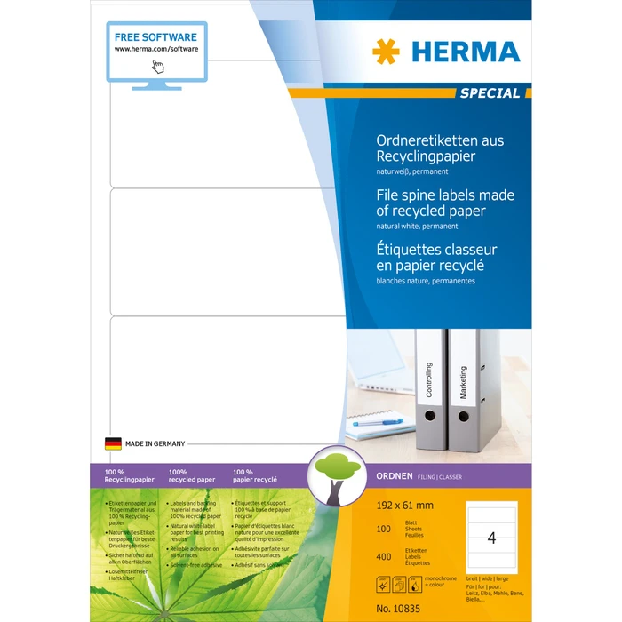 Herma Ordneretiketten Recycling, 192x61mm, weiß, matt, 100 Blatt (400 Etiketten)