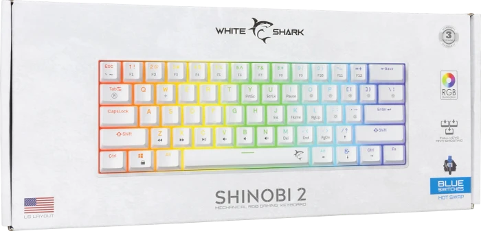 White Shark SHINOBI 2, weiß, LEDs RGB, hot-swap, BLUE Switches, USB, US