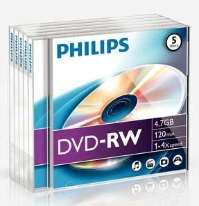 Philips DVD-RW 4.7GB, 4x, 5er Pack