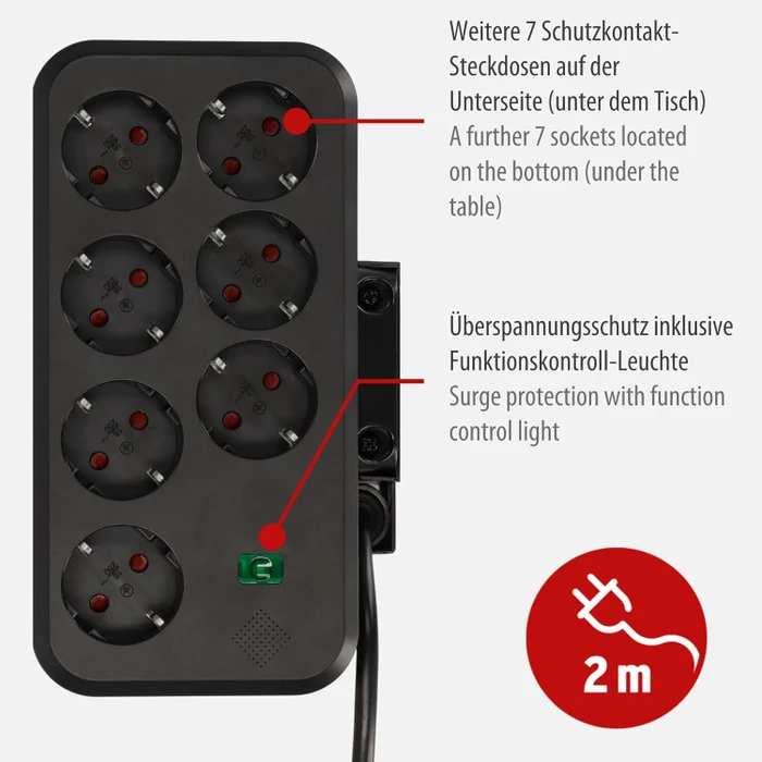 Brennenstuhl estilo Duplex Tischsteckdosenleiste mit Schalter und Überspannungsschutz, 9-fach, 2x Steckplatz für Keystone Module, 2m, silber/schwarz
