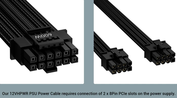 Antec 12VHPWR Cable for Signature Series, 600W PCIe 5.0 12VHPWR, 2x 8-Pin PCIe Stecker auf 16-Pin PCIe 5.0 12VHPWR Stecker, Adapterkabel, schwarz
