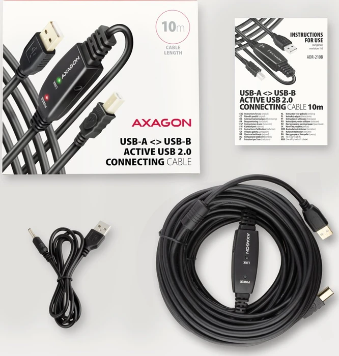 Axagon USB Adapterkabel, USB 2.0, 480Mb/s, USB-A 2.0 [Stecker] auf USB-B 2.0 [Stecker], aktiv, Adapterkabel, 10m