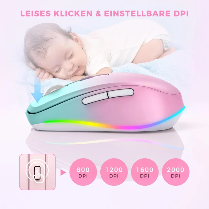 Seenda Rechargeable Wireless RGB Mouse mit Jiggler-Funktion, türkis/rosa, USB