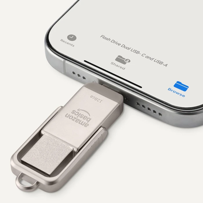 AmazonBasics Dual Thumb Drive Memory Stick 128GB Champagner-Silber, USB-A + USB-C, USB 3.2 Gen 1×1