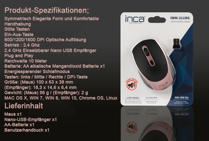 Inca IWM-211RG Silent Wireless Mouse schwarz/rosegold, USB