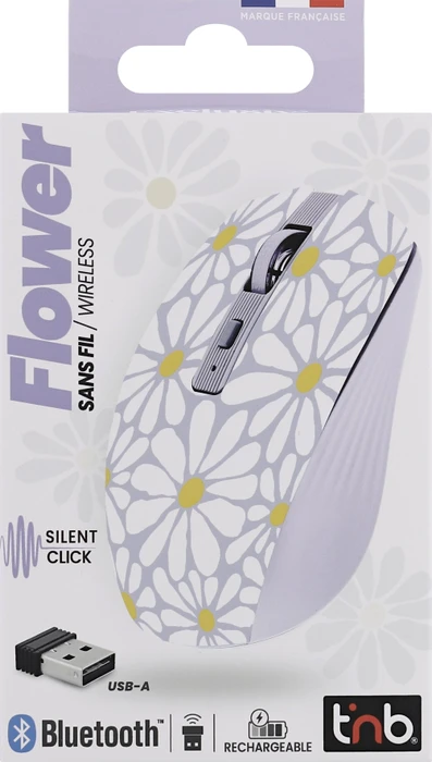 T'nB Rechargeable Bluetooth Wireless Mouse, Flower Exclusiv violett/weiß/gelb, USB/Bluetooth
