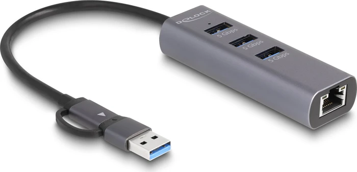 DeLOCK 3-Port USB-Hub mit Gigabit-LAN, USB-C 3.0 [Stecker]