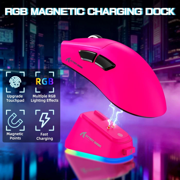 Attack Shark V3 PRO Tri-mode Wireless Gaming Mouse mit Ladestation, BerryRed, USB/Bluetooth